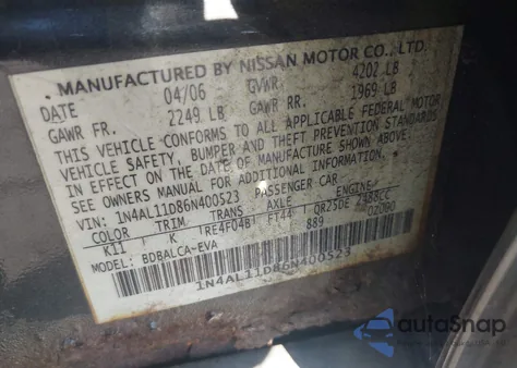 2006 Nissan Altima 2.5 S from USA, damaged, VIN 1N4AL11D86N400523